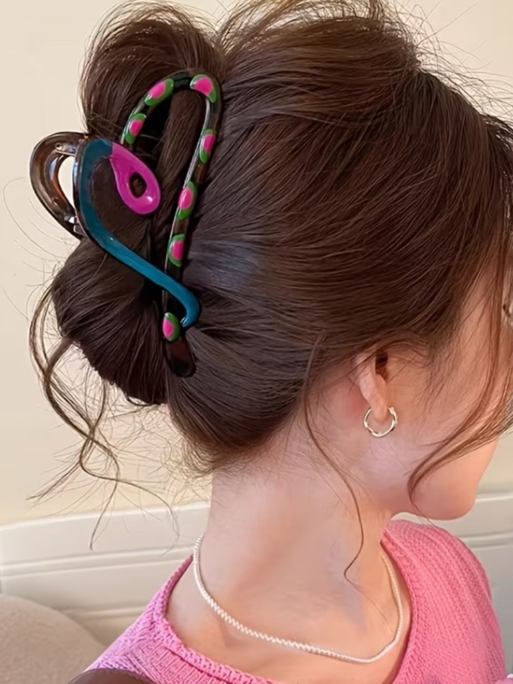 1 x Large Heart Shaped Hair Claw Clip Pink & Green Accents - Women’s Hair